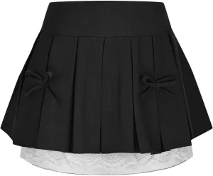 Women Pleated Skirt with Shorts Cute Bow Lace Trim Uniform Casual Skater Tennis Skirt High Waist A-Line Mini Skirts