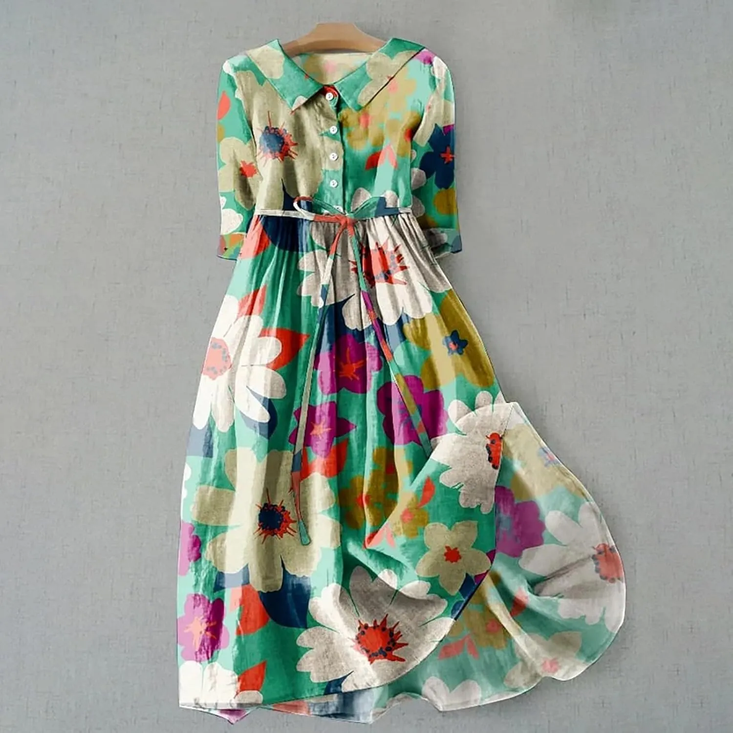 Women Retro Boho Floral Print Cotton Linen Dress Lapel Button 3/4 Sleeve Casual Midi Shirt Dresses Summer Pleated Dress