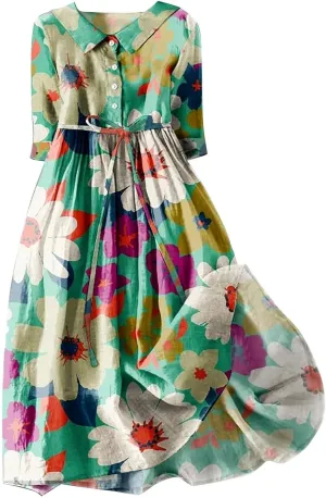 Women Retro Boho Floral Print Cotton Linen Dress Lapel Button 3/4 Sleeve Casual Midi Shirt Dresses Summer Pleated Dress