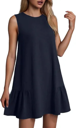 Women Summer Tank Dresses Round Neck Sleeveless T Shirt Dress A-Line Ruffle Hem Mini Dress Beach Vacation Sundresses
