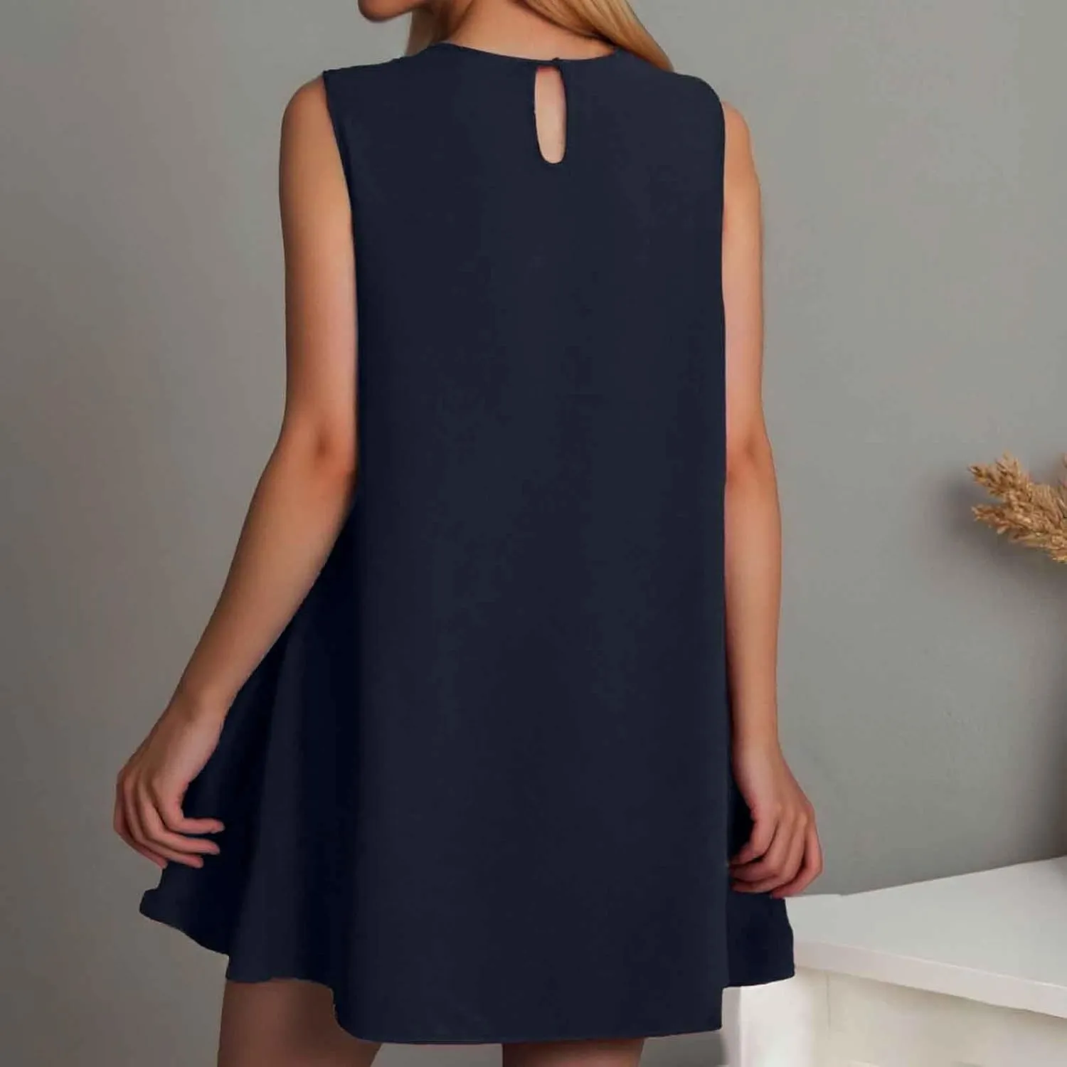 Women Summer Tank Dresses Round Neck Sleeveless T Shirt Dress A-Line Ruffle Hem Mini Dress Beach Vacation Sundresses