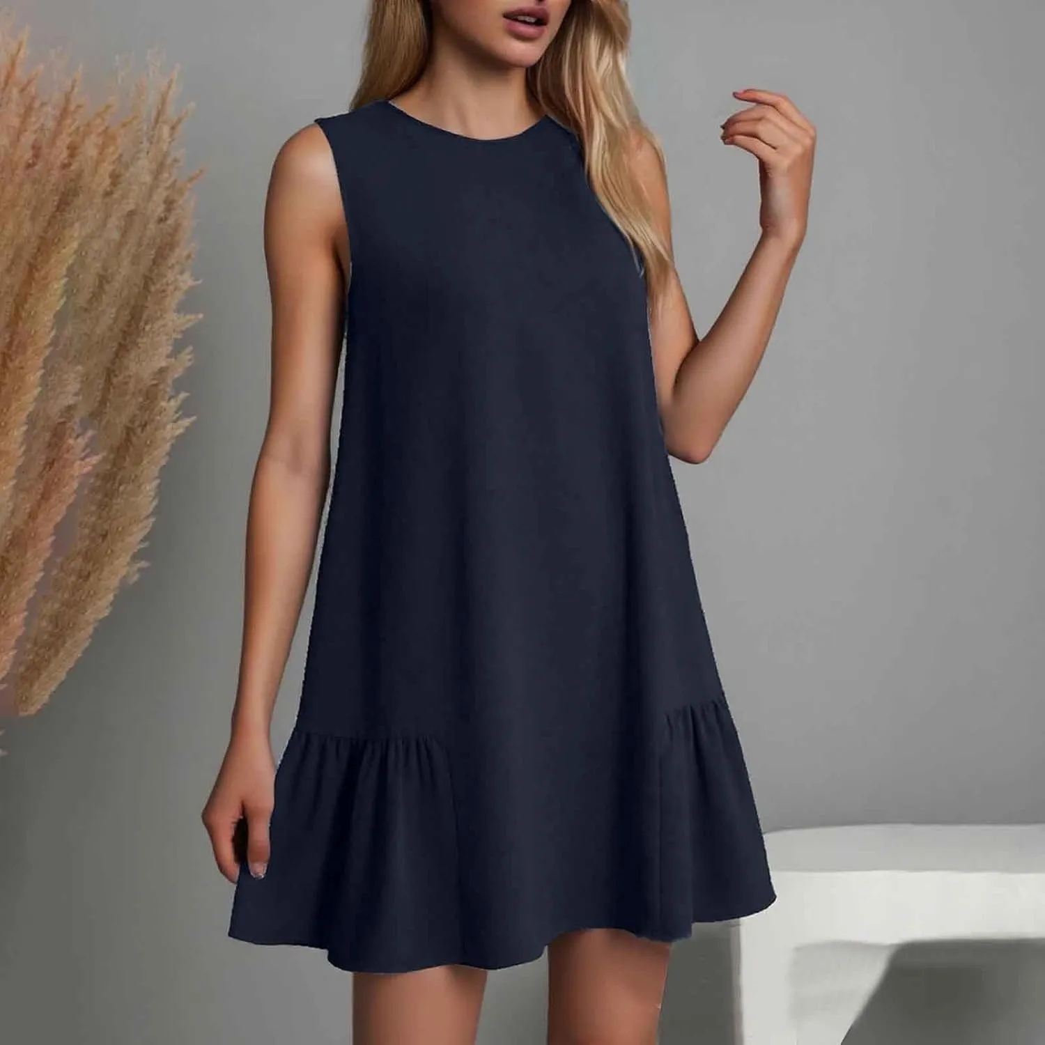 Women Summer Tank Dresses Round Neck Sleeveless T Shirt Dress A-Line Ruffle Hem Mini Dress Beach Vacation Sundresses