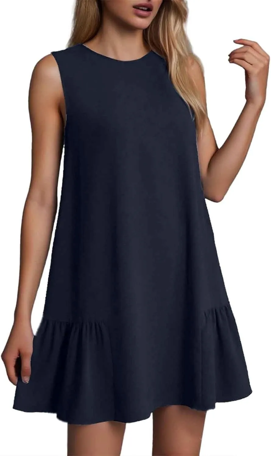 Women Summer Tank Dresses Round Neck Sleeveless T Shirt Dress A-Line Ruffle Hem Mini Dress Beach Vacation Sundresses