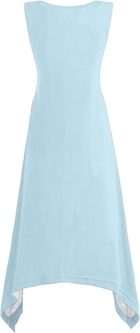 Womens 2025 Summer Casual Dresses Round Neck Sleeveless A Line Flowy Dress Irregular Hem Beach Vacation Midi Dress