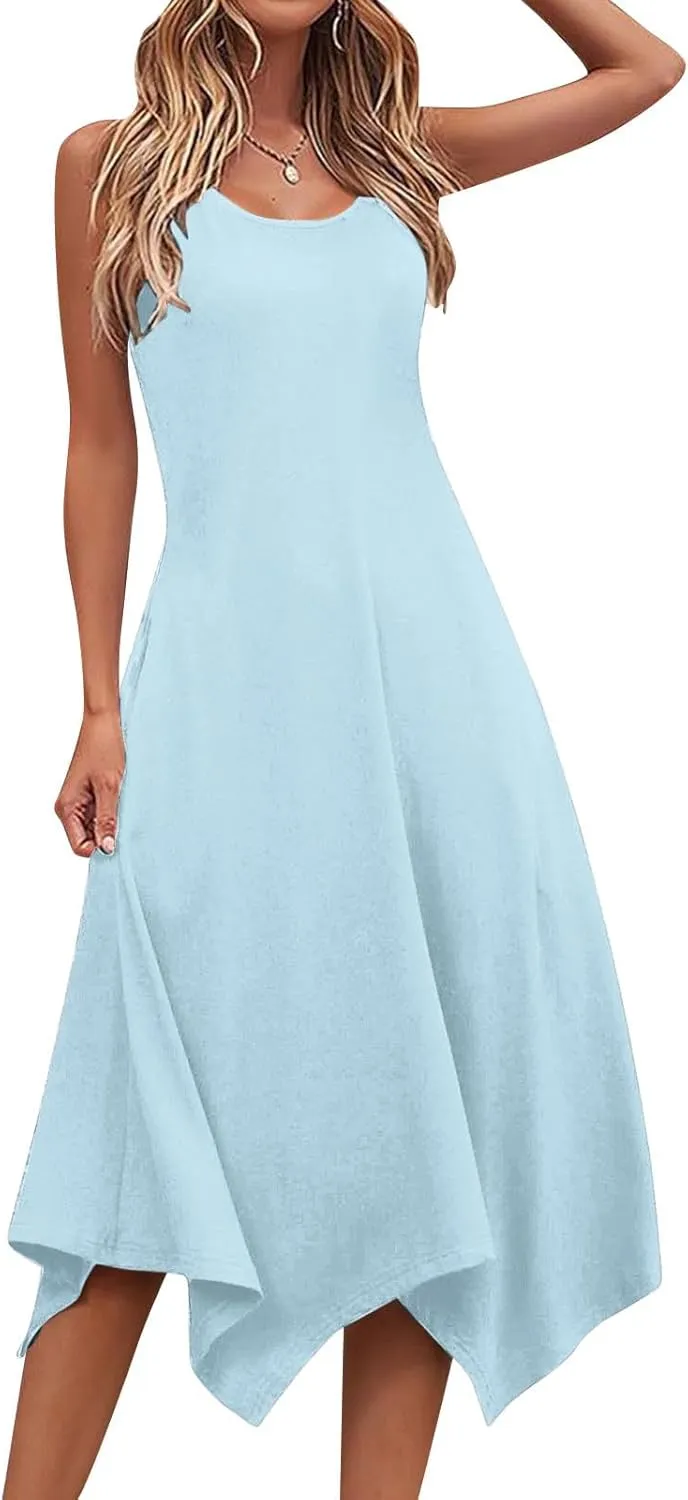 Womens 2025 Summer Casual Dresses Round Neck Sleeveless A Line Flowy Dress Irregular Hem Beach Vacation Midi Dress