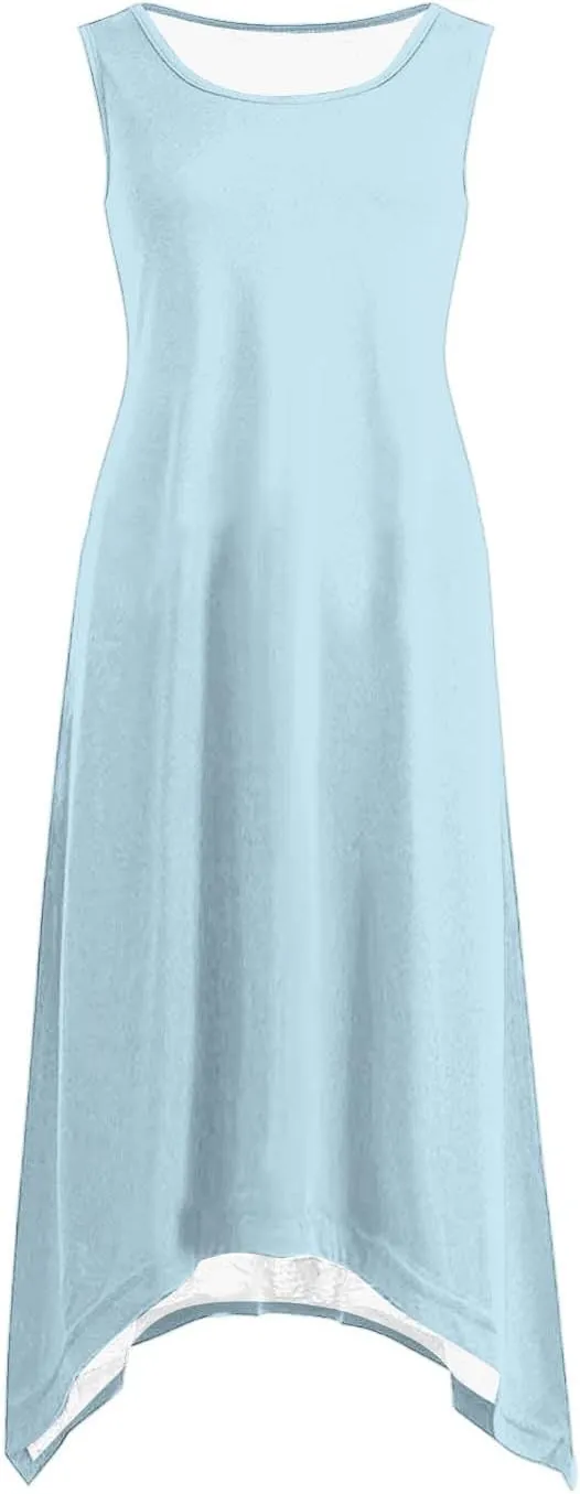 Womens 2025 Summer Casual Dresses Round Neck Sleeveless A Line Flowy Dress Irregular Hem Beach Vacation Midi Dress