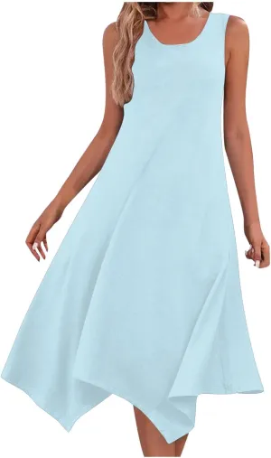 Womens 2025 Summer Casual Dresses Round Neck Sleeveless A Line Flowy Dress Irregular Hem Beach Vacation Midi Dress