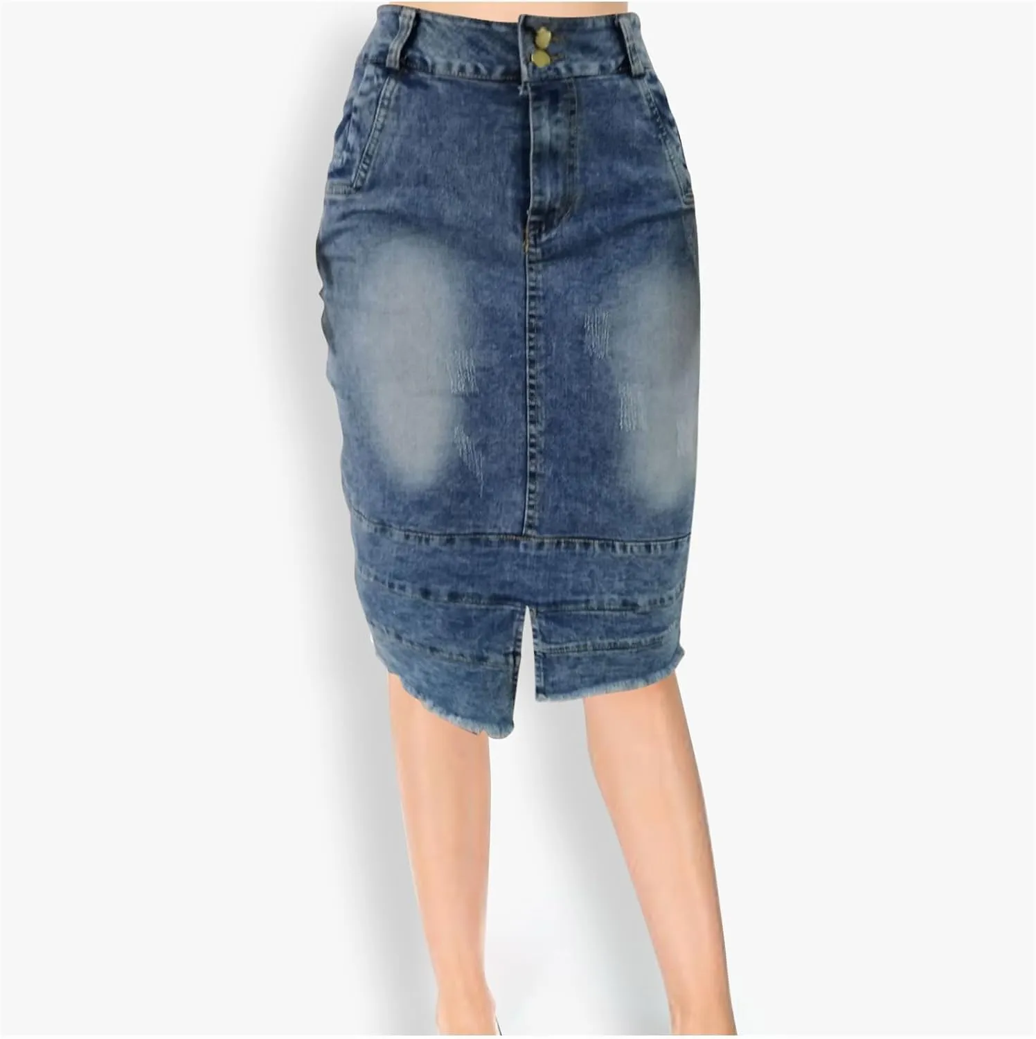 Women's Button Denim Skirts Wrap Bodycon Casual Skirt High Waisted Patchwork Stretch Cute Slit Jean Skirt