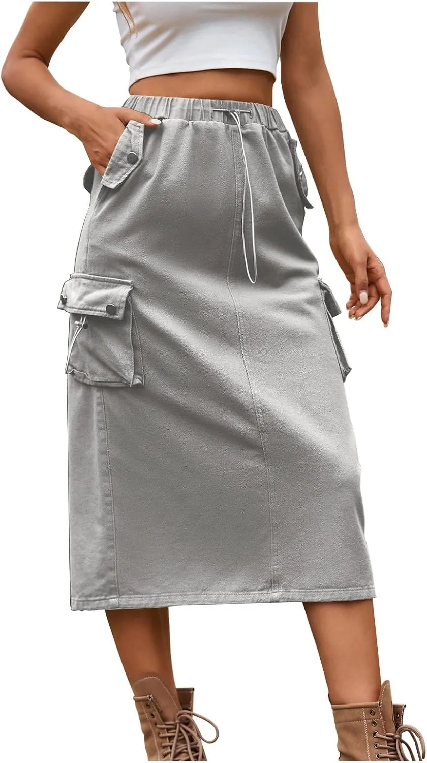 Women's Casual Cargo Denim Midi Skirt, Loose Comfy A-Line Skirts High Waisted Stretch Drawstring Streetwear Clothes