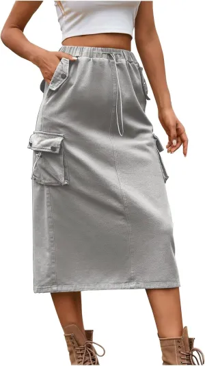 Women's Casual Cargo Denim Midi Skirt, Loose Comfy A-Line Skirts High Waisted Stretch Drawstring Streetwear Clothes