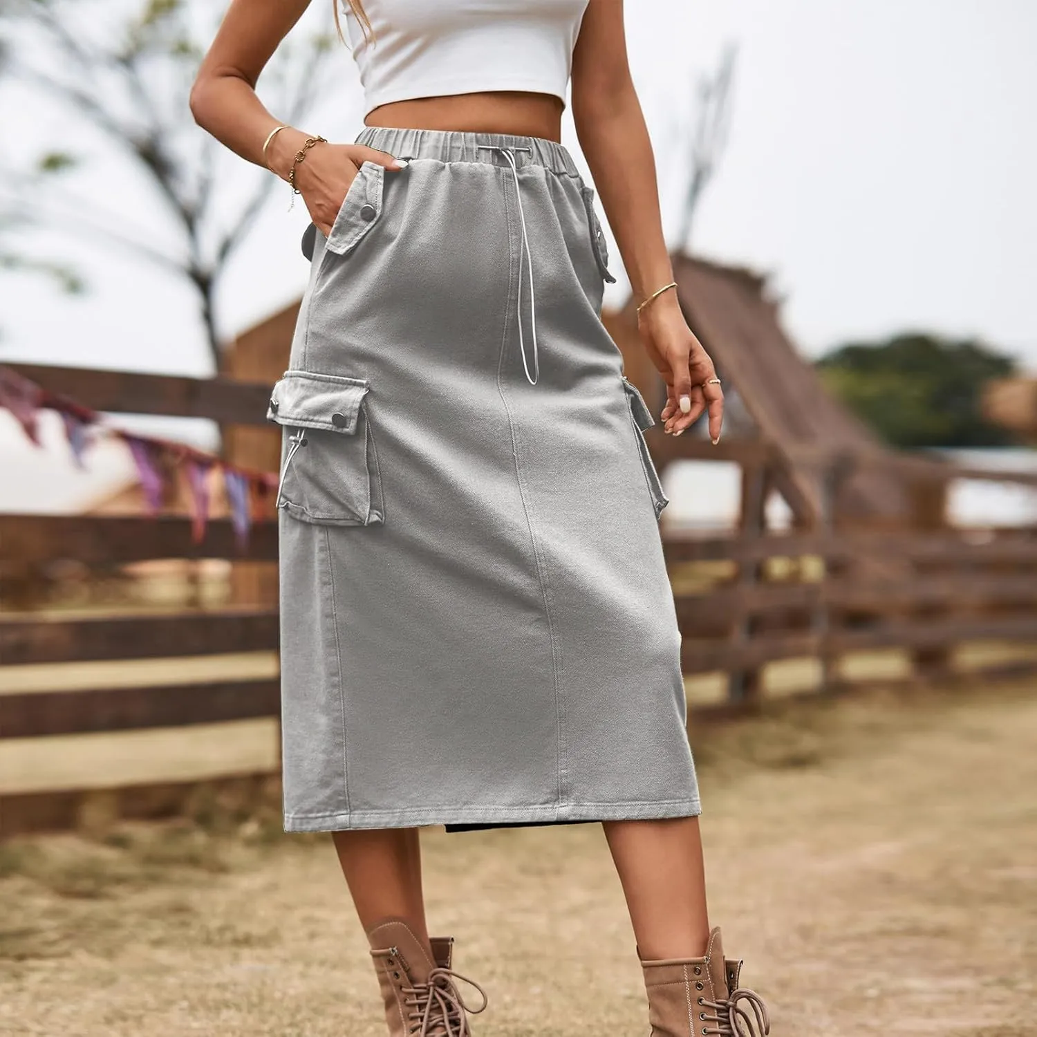 Women's Casual Cargo Denim Midi Skirt, Loose Comfy A-Line Skirts High Waisted Stretch Drawstring Streetwear Clothes