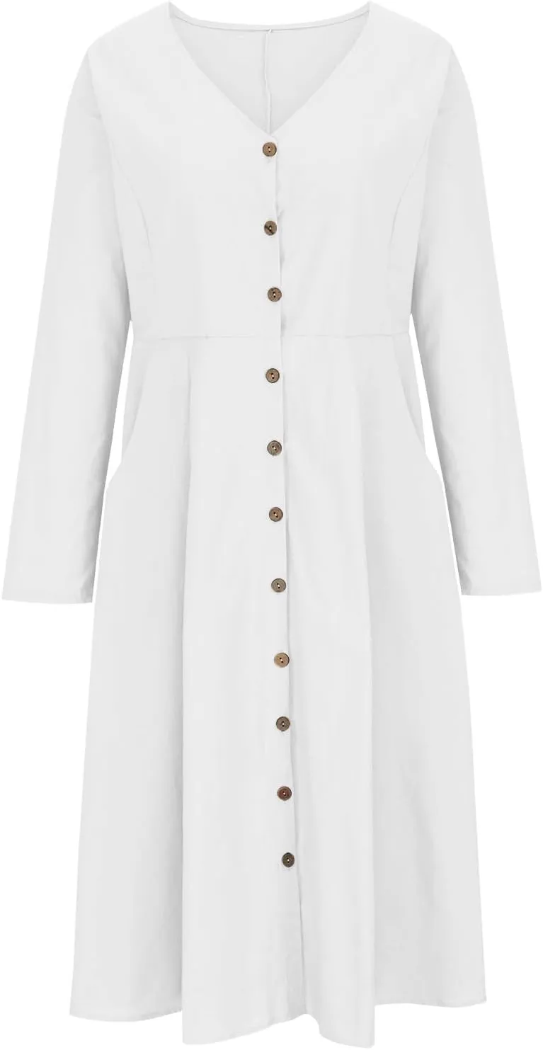 Women's Casual V Neck Button Down Cotton Linen Dress Long Sleeve Midi Length Loose Summer Beach Dresses with Pockets