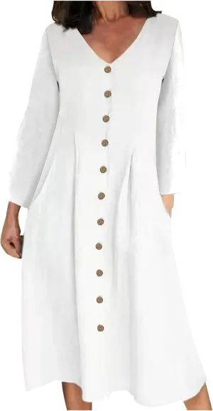 Women's Casual V Neck Button Down Cotton Linen Dress Long Sleeve Midi Length Loose Summer Beach Dresses with Pockets