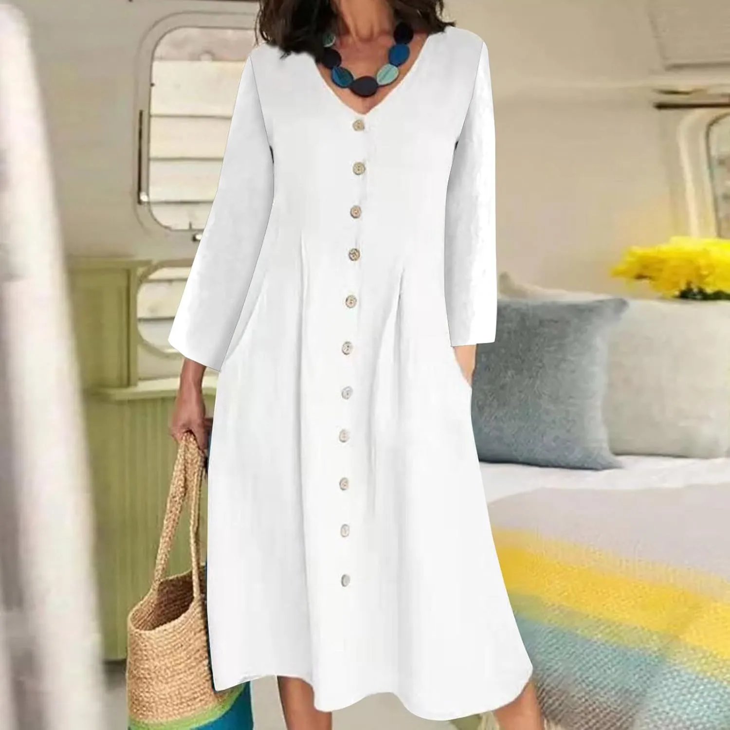 Women's Casual V Neck Button Down Cotton Linen Dress Long Sleeve Midi Length Loose Summer Beach Dresses with Pockets