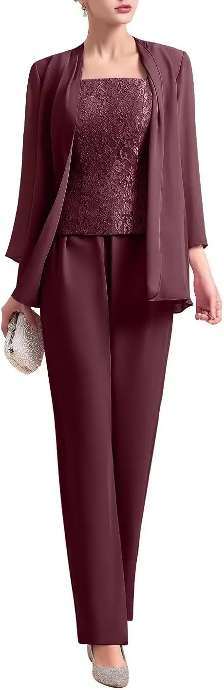 Womens Chiffon Pant Suits 3 Piece Mother of The Bride Dress Wedding Guest Dressy Outfit Evening Gowns