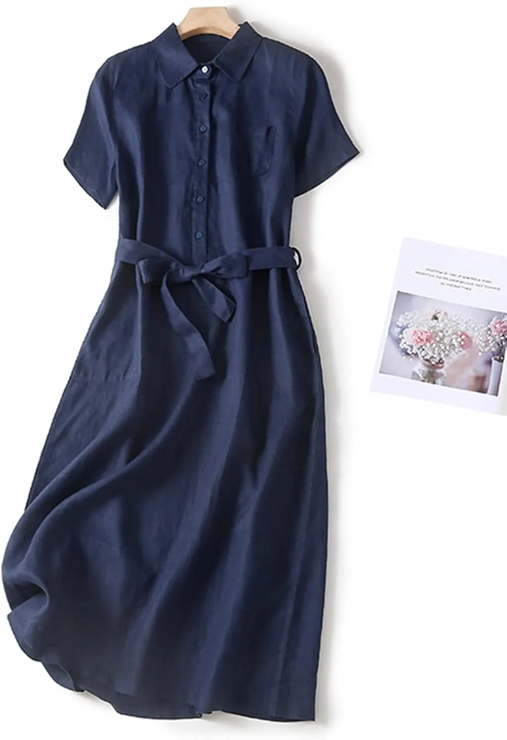 Womens Cotton Linen Button Down Shirt Dress Summer Casual Short Sleeve Lapel Belted Midi Blouse Dress with Pockets