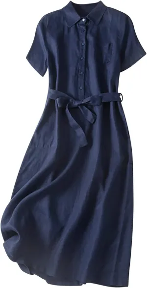 Womens Cotton Linen Button Down Shirt Dress Summer Casual Short Sleeve Lapel Belted Midi Blouse Dress with Pockets