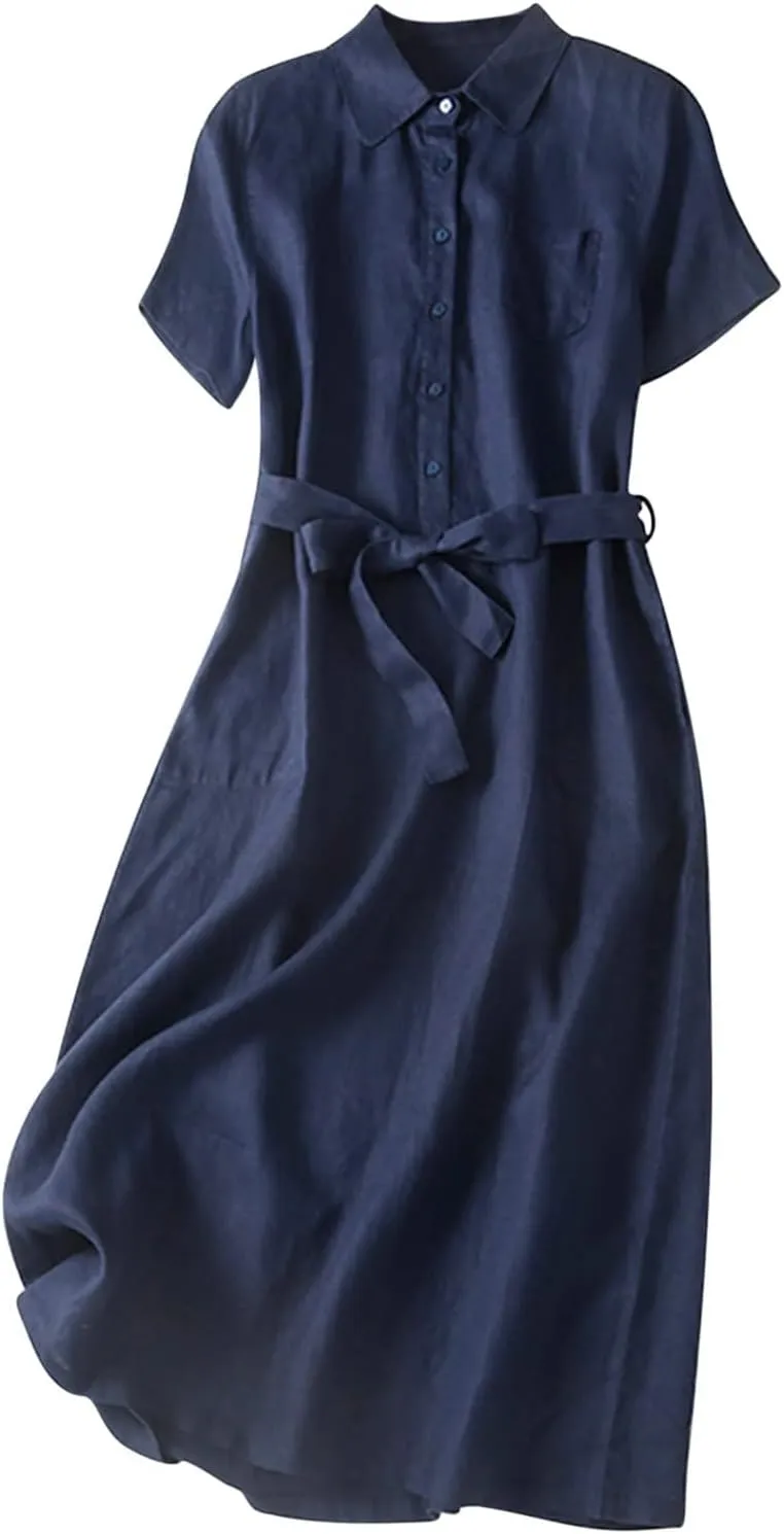 Womens Cotton Linen Button Down Shirt Dress Summer Casual Short Sleeve Lapel Belted Midi Blouse Dress with Pockets