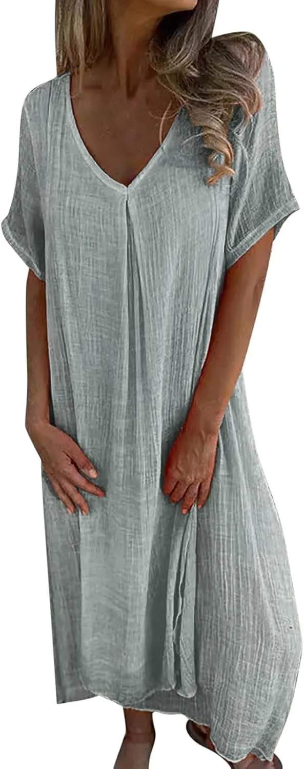 Women's Cotton Linen Maxi Dress Short Sleeve Summer Short Sleeve V-Neck Loose Dresses Solid Vacation Trendy Dresses