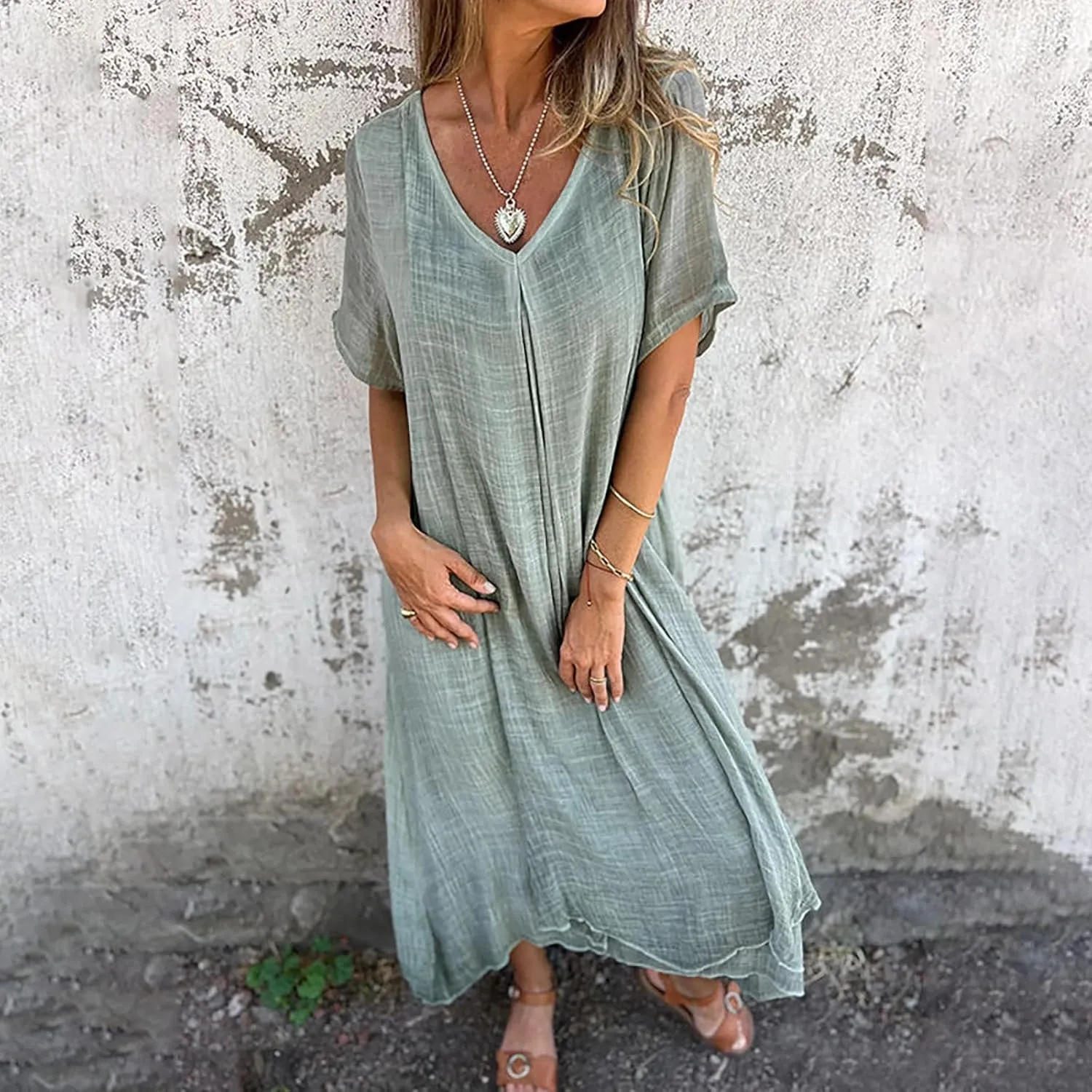 Women's Cotton Linen Maxi Dress Short Sleeve Summer Short Sleeve V-Neck Loose Dresses Solid Vacation Trendy Dresses