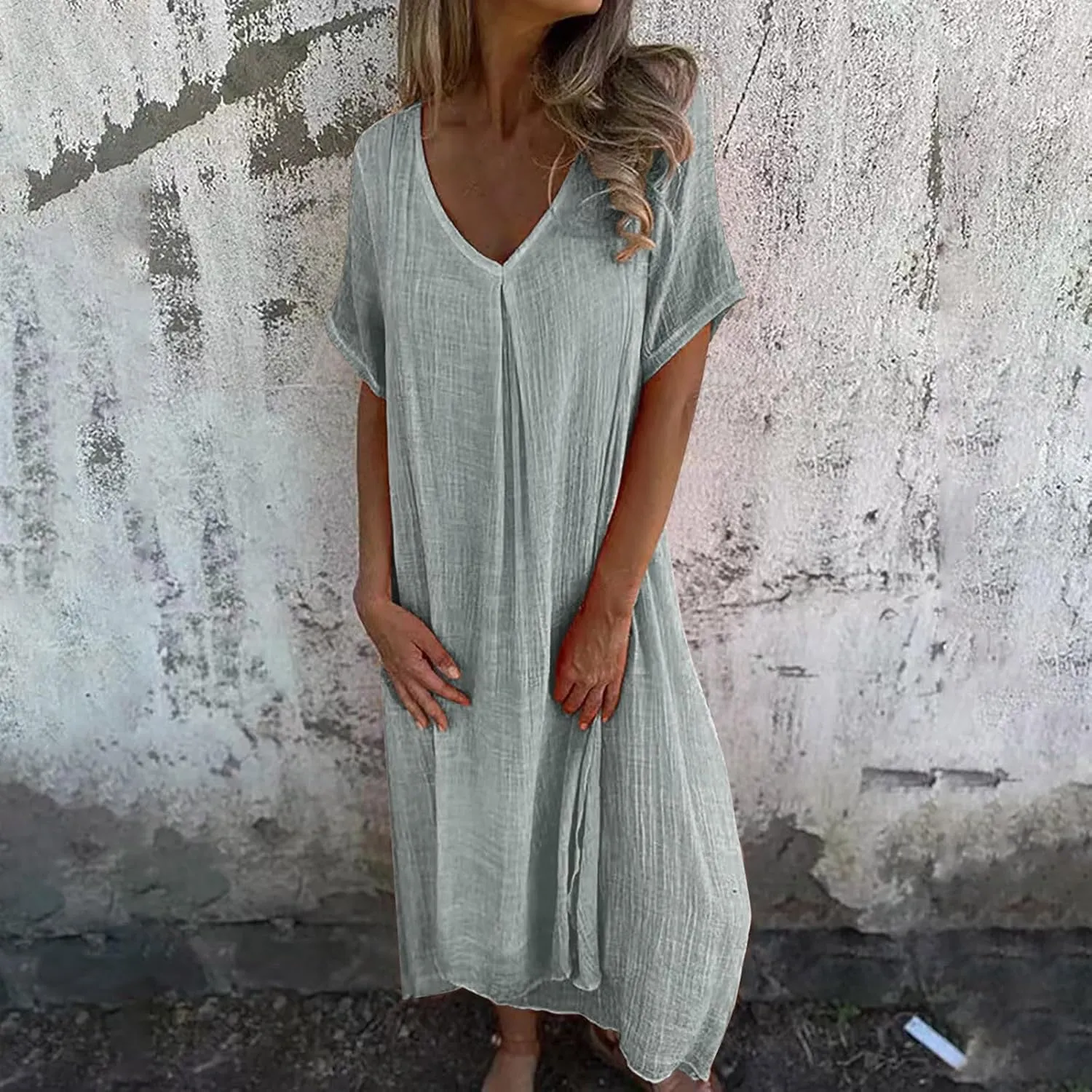 Women's Cotton Linen Maxi Dress Short Sleeve Summer Short Sleeve V-Neck Loose Dresses Solid Vacation Trendy Dresses