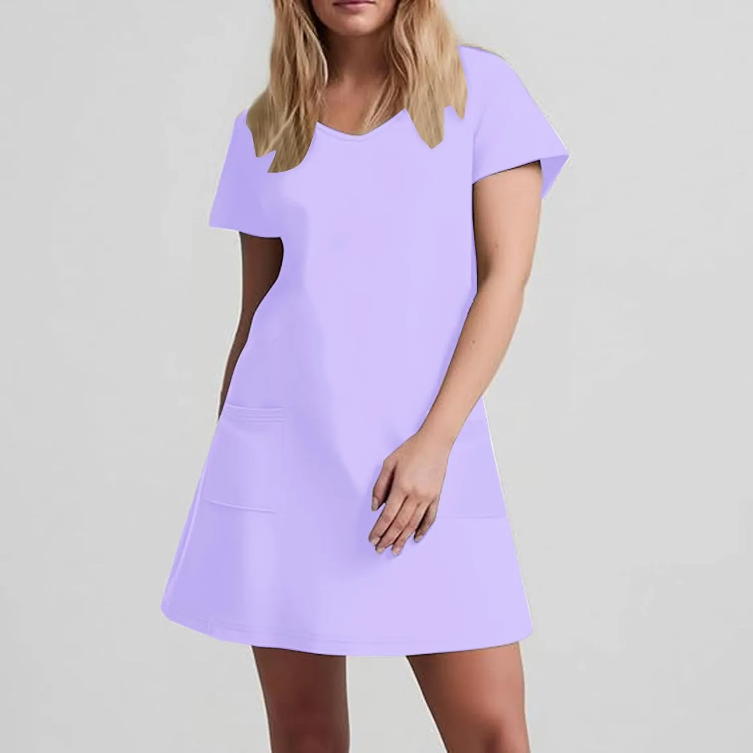 Womens Dress Loose Fit V Neck Casual Solid Color 2025 Summer Dresses Fashion Short Sleeve Mini Dress with Pockets