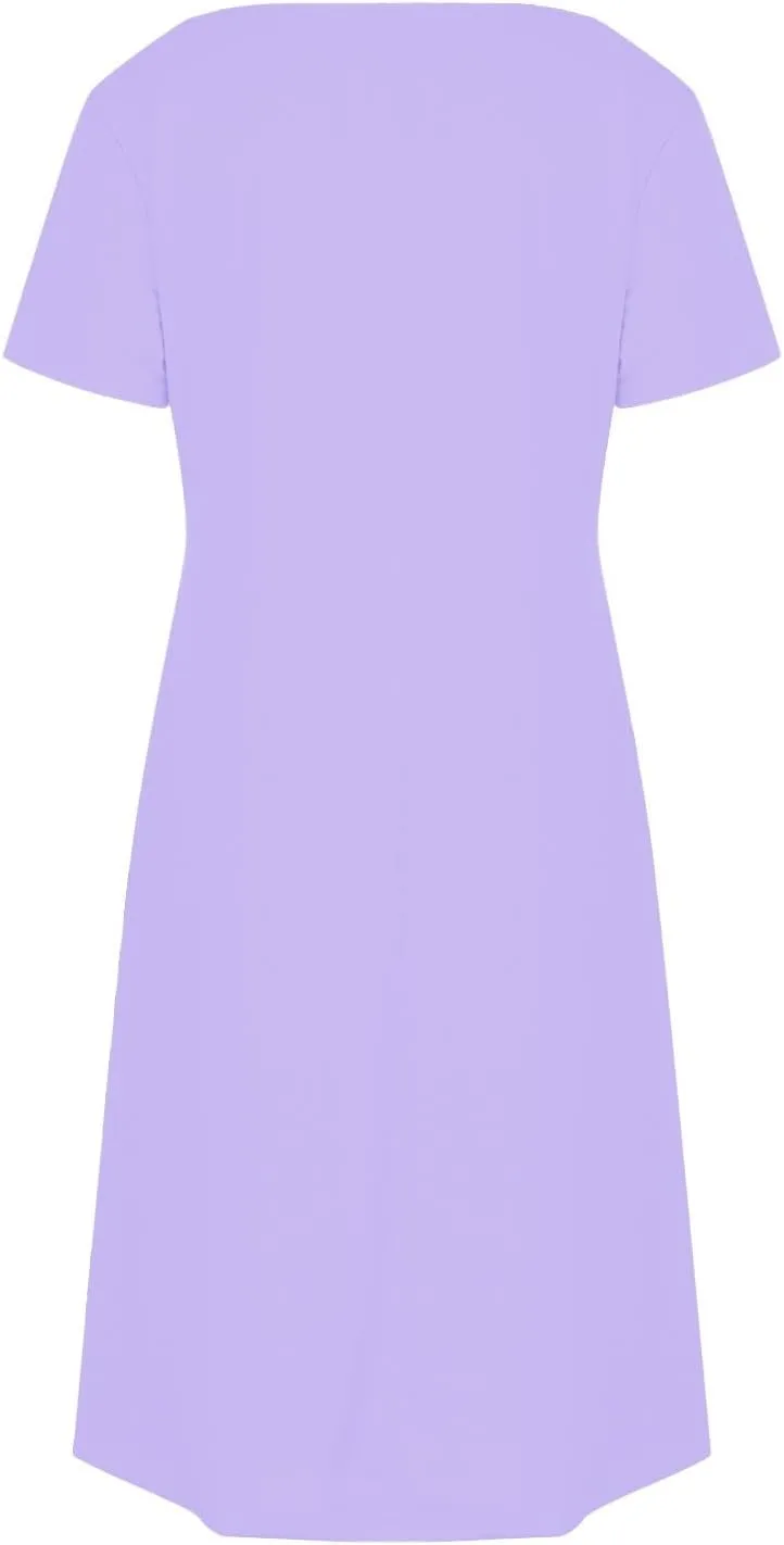 Womens Dress Loose Fit V Neck Casual Solid Color 2025 Summer Dresses Fashion Short Sleeve Mini Dress with Pockets