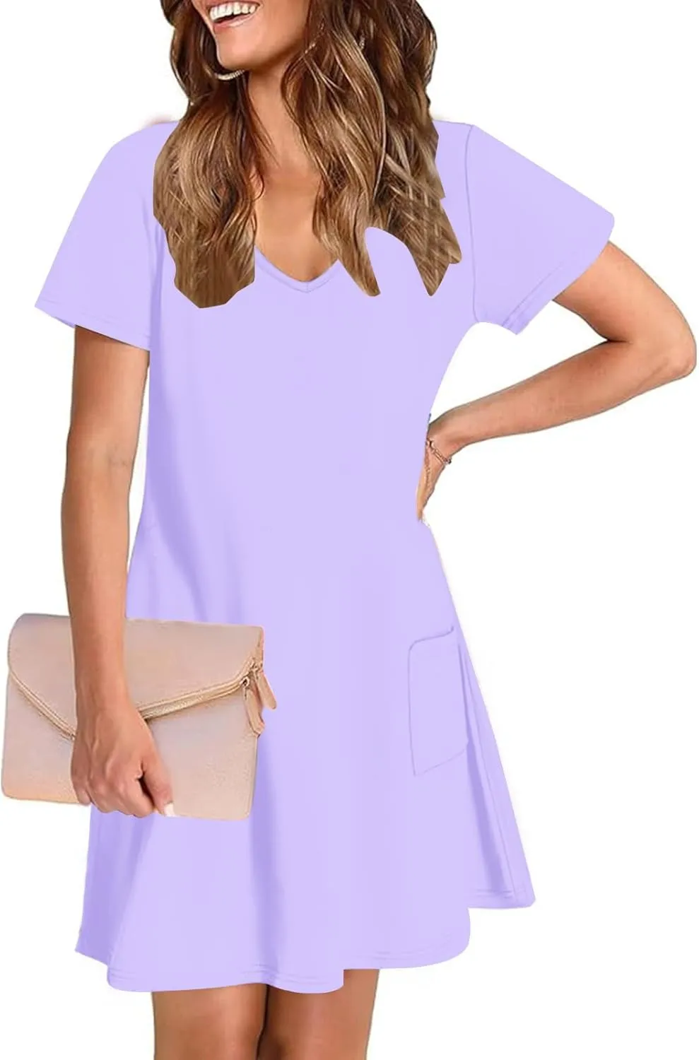 Womens Dress Loose Fit V Neck Casual Solid Color 2025 Summer Dresses Fashion Short Sleeve Mini Dress with Pockets