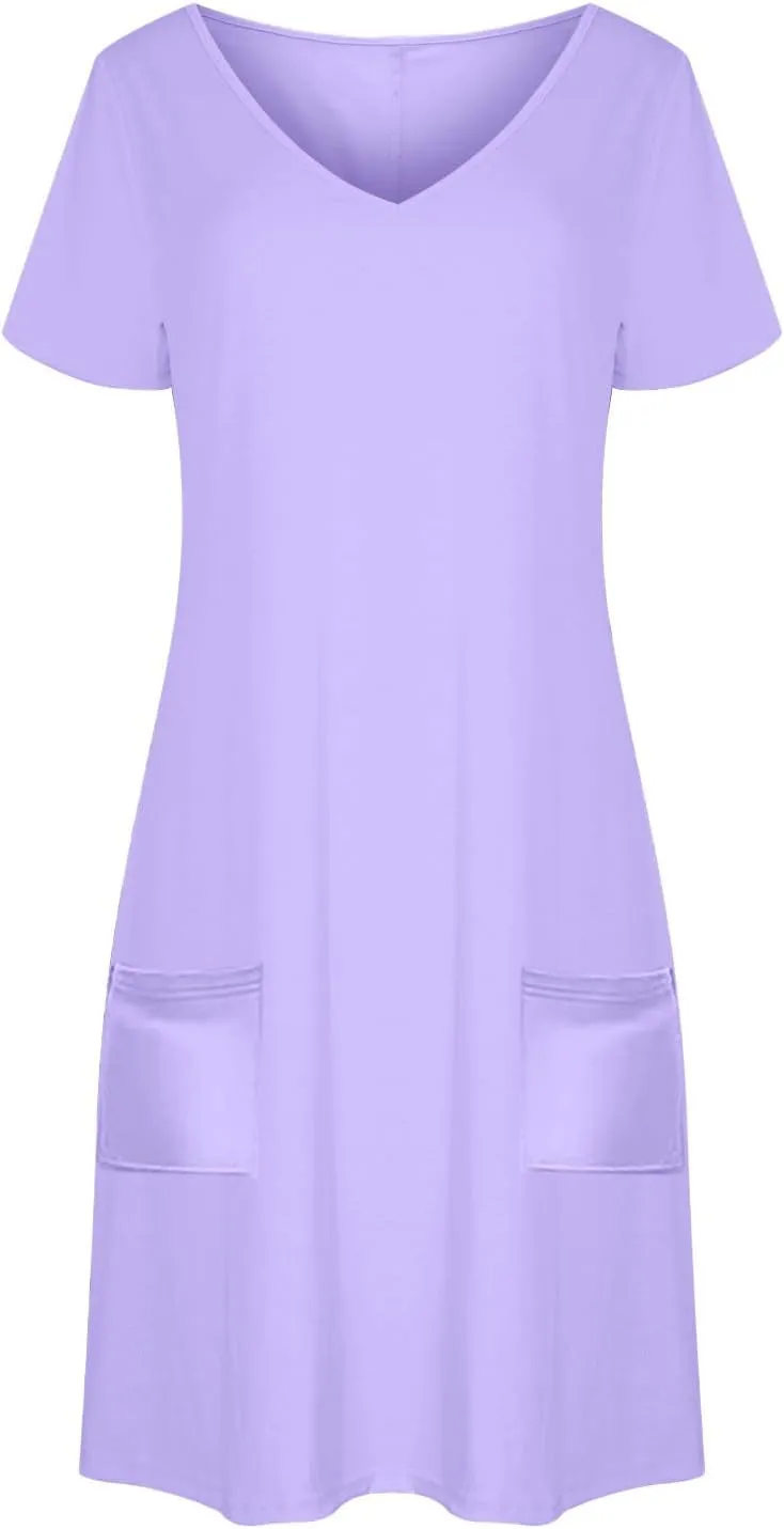 Womens Dress Loose Fit V Neck Casual Solid Color 2025 Summer Dresses Fashion Short Sleeve Mini Dress with Pockets