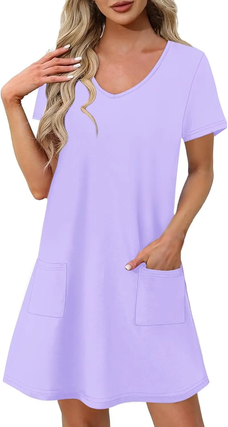Womens Dress Loose Fit V Neck Casual Solid Color 2025 Summer Dresses Fashion Short Sleeve Mini Dress with Pockets