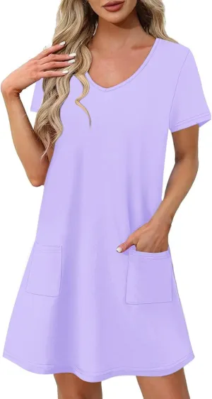 Womens Dress Loose Fit V Neck Casual Solid Color 2025 Summer Dresses Fashion Short Sleeve Mini Dress with Pockets