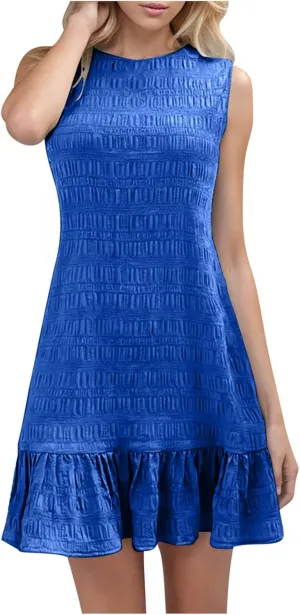 Women's Fashion Textured Tank Dress Summer Sleeveless Keyhole Back Mini Sundress Crewneck Ruffle Boho Swing Dresses