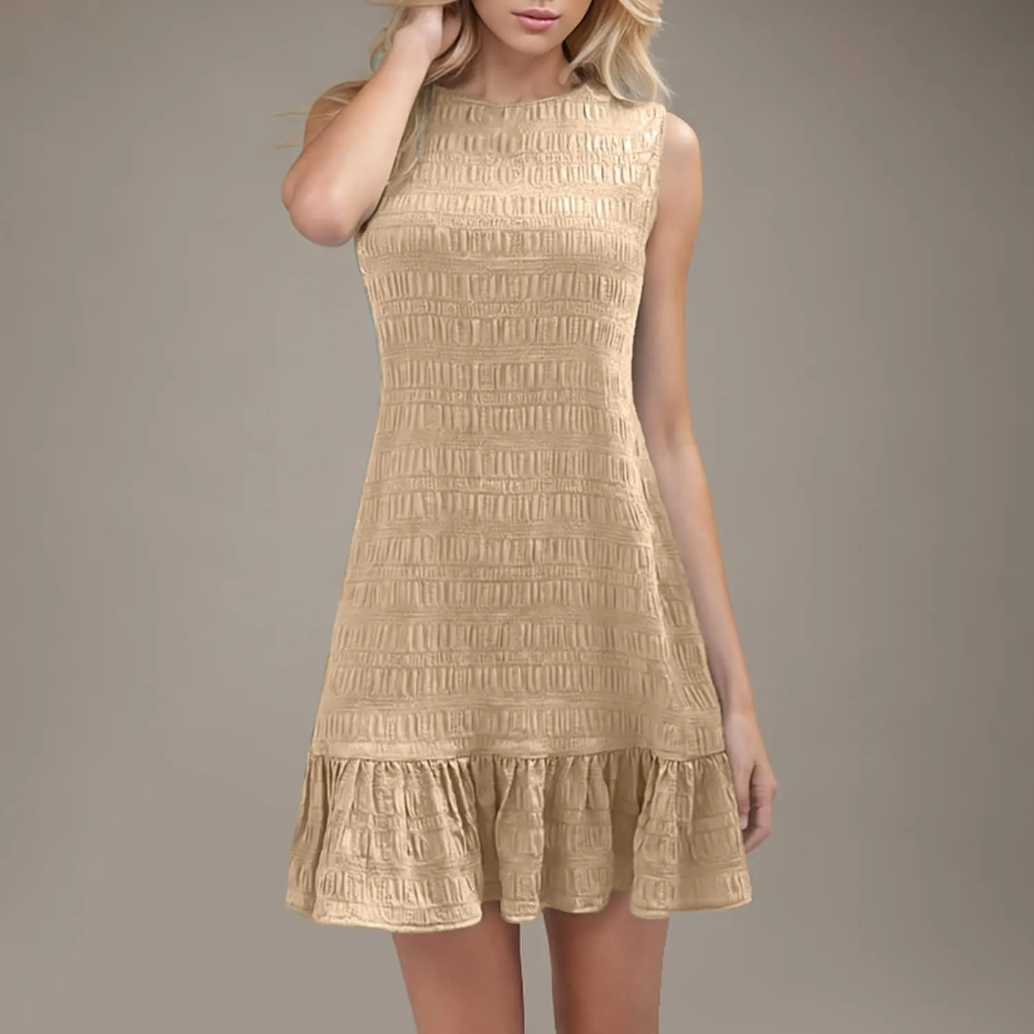 Women's Fashion Textured Tank Dress Summer Sleeveless Keyhole Back Mini Sundress Crewneck Ruffle Boho Swing Dresses