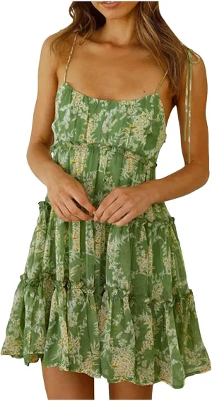 Womens Floral Mini Dress 2025 Boho Summer Spaghetti Strap Skater Dresses Sexy Sleeveless Ruffle Flowy Swing Tiered Dress