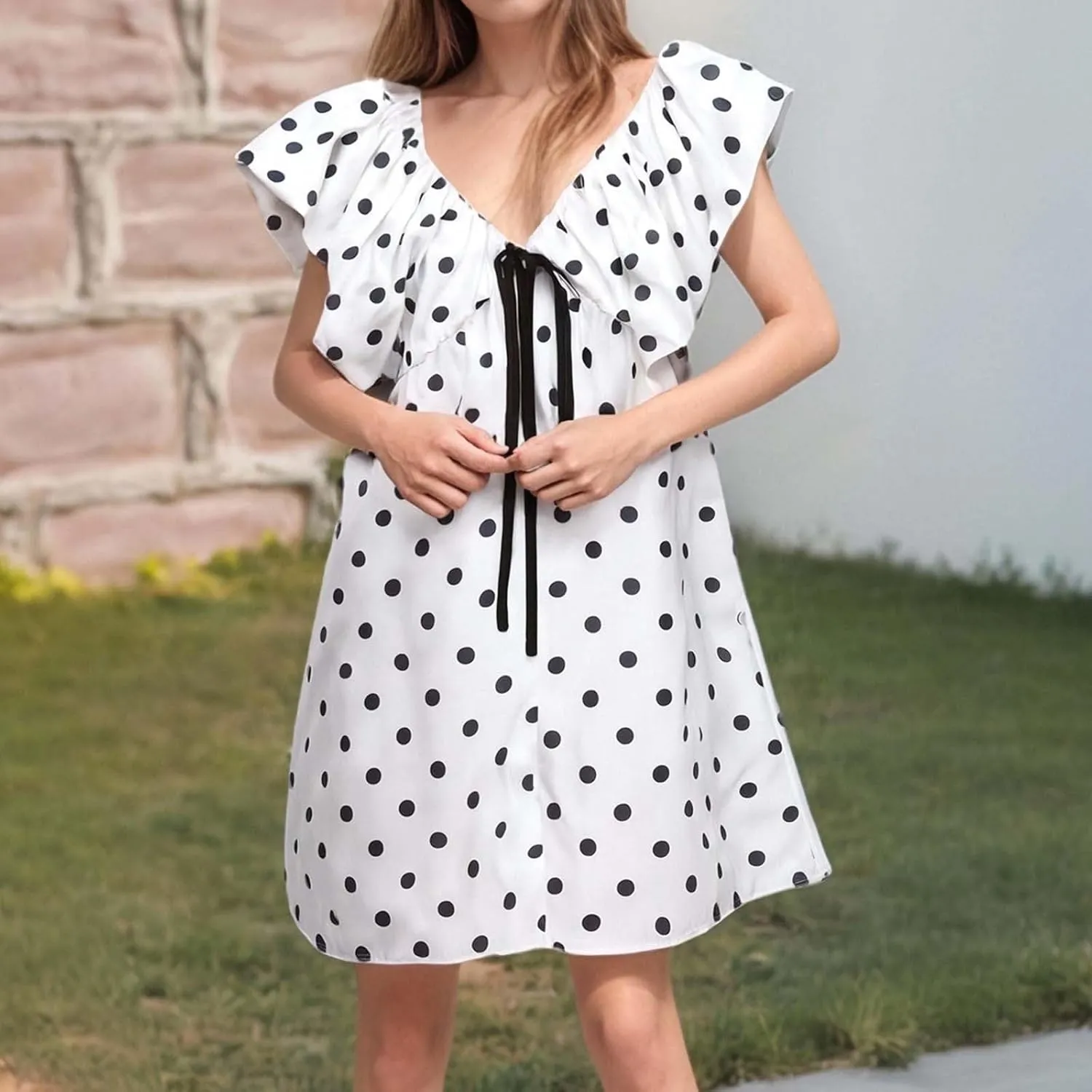 Women's Floral Print Mini Dress V Neck Puff Sleeve Short Babydoll Bow Dress Boho Floral Bow Flowy Sundresses