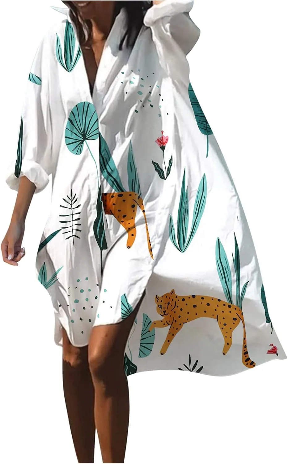 Women's Flowy Floral Print Button Down Lapel Midi Beach Dress Casual Loose Long Sleeve Knee Length Plus Size Dresses