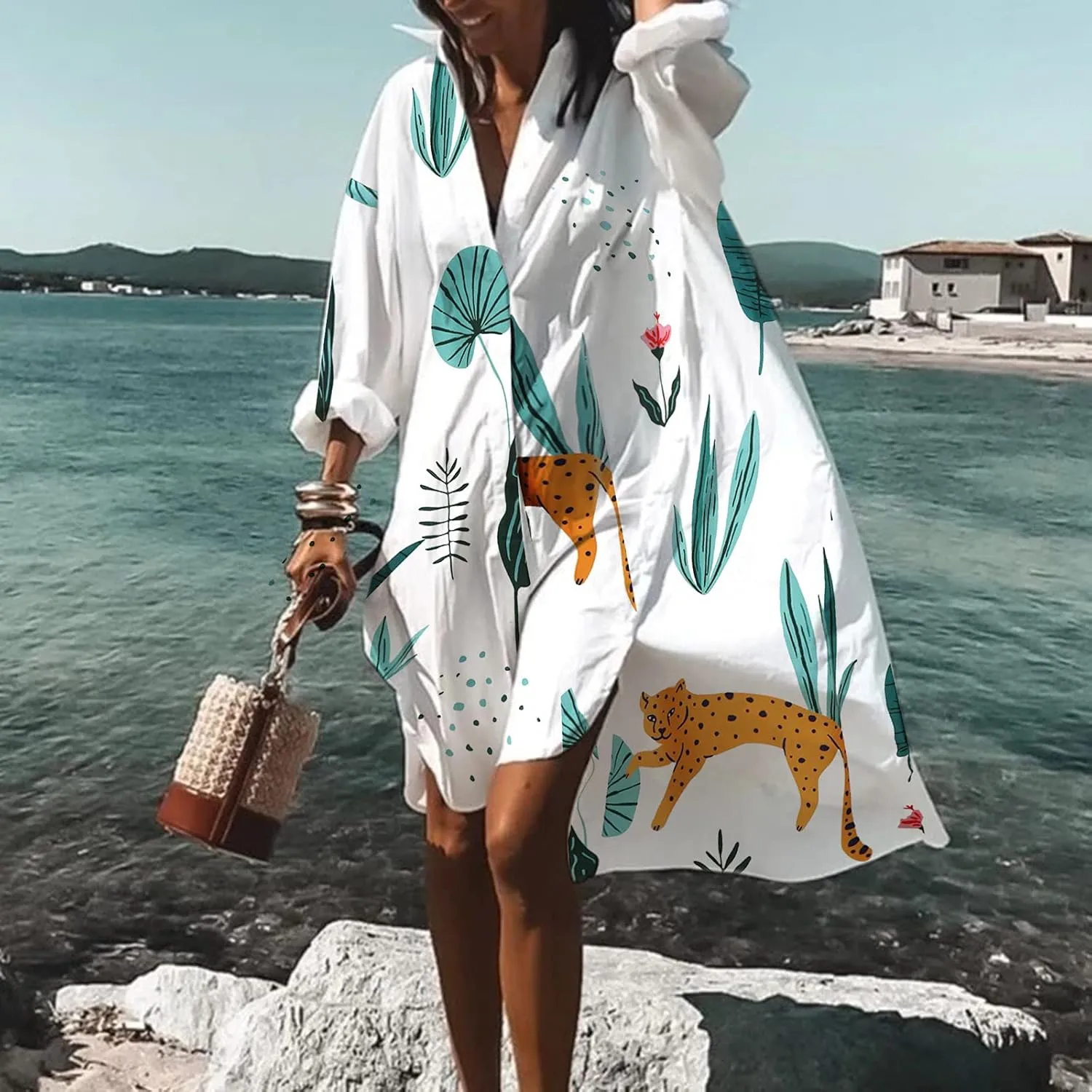 Women's Flowy Floral Print Button Down Lapel Midi Beach Dress Casual Loose Long Sleeve Knee Length Plus Size Dresses