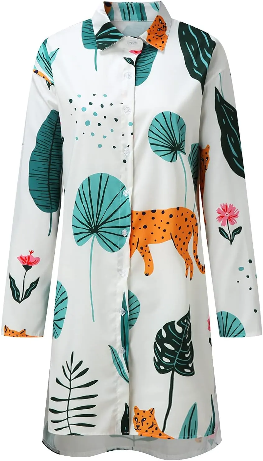 Women's Flowy Floral Print Button Down Lapel Midi Beach Dress Casual Loose Long Sleeve Knee Length Plus Size Dresses