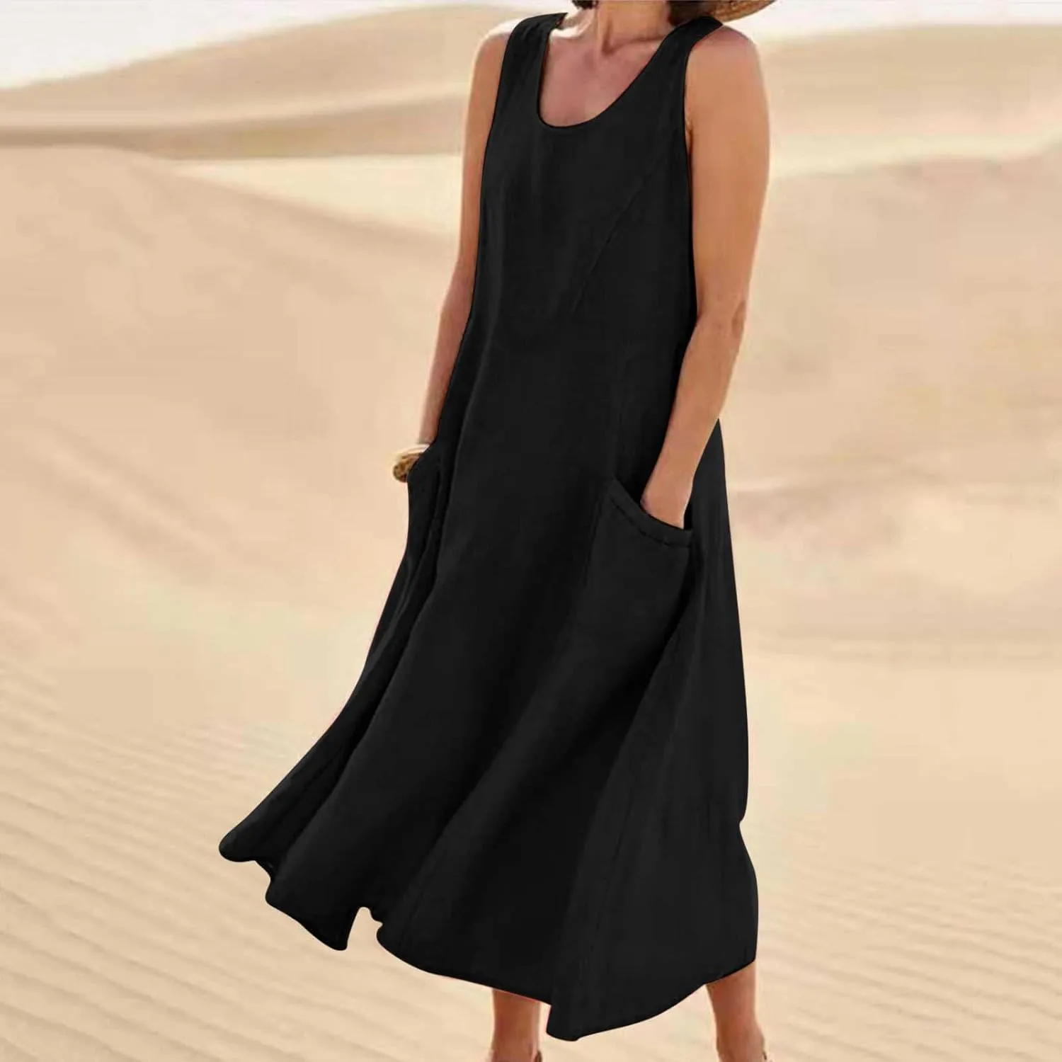Women's Linen Maxi Dresses 2025 Summer Plus Size Sleeveless Flowy Sundress Beach Vacation Long Tank Dress with Pockets