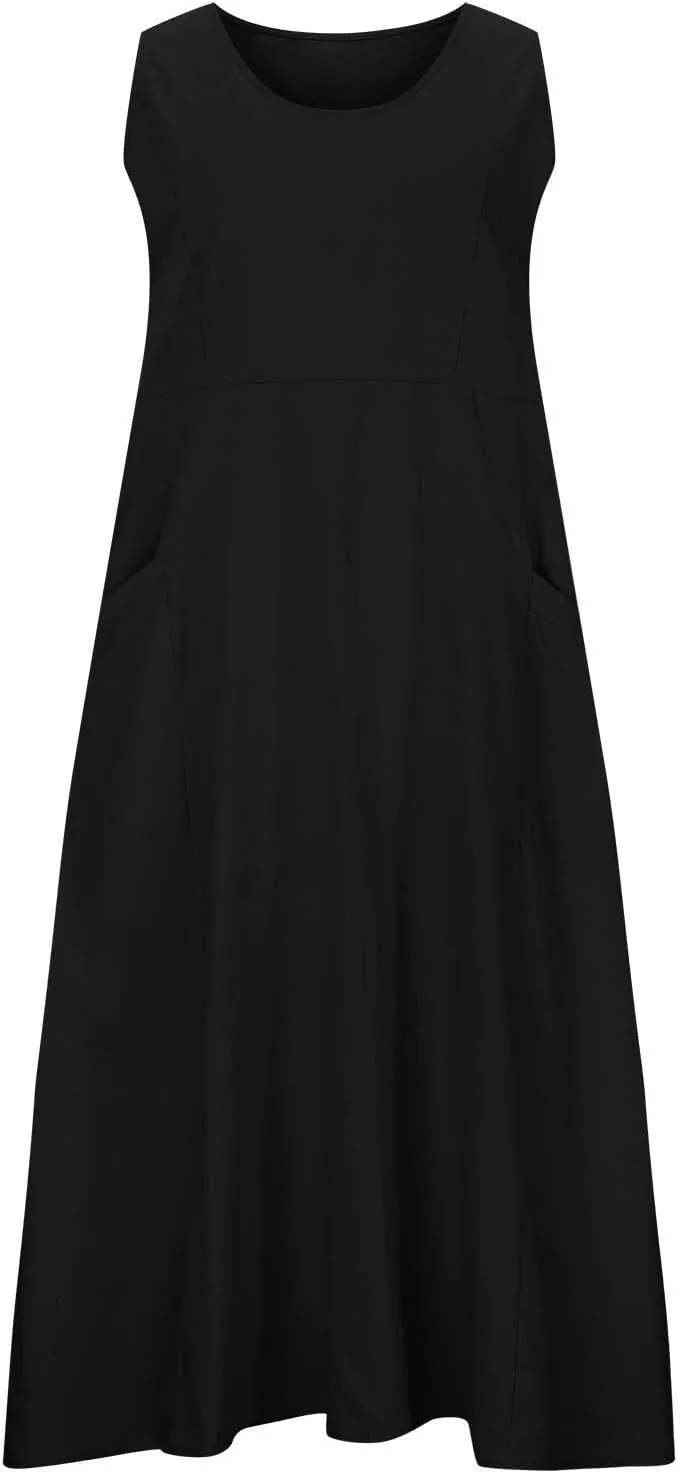 Women's Linen Maxi Dresses 2025 Summer Plus Size Sleeveless Flowy Sundress Beach Vacation Long Tank Dress with Pockets