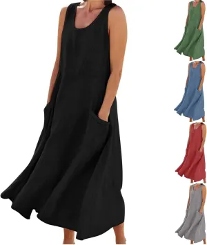 Women's Linen Maxi Dresses 2025 Summer Plus Size Sleeveless Flowy Sundress Beach Vacation Long Tank Dress with Pockets