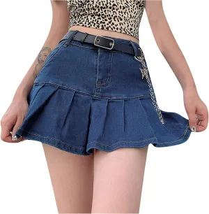 Womens Pleated Jean Skirt A-Line High Waisted Women Denim Mini Skirt Jean Skirts Skorts for Women with Pockets