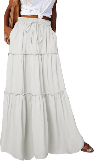 Women's Pleated Skirt Casual Loose Trendy Elastic High Waist Floral Print Boho Sun Beach Long Maxi Skirts, S-2XL