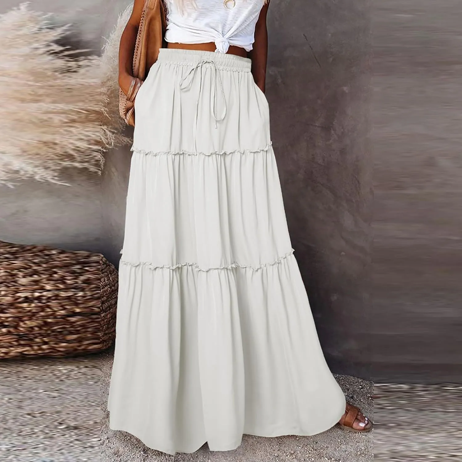Women's Pleated Skirt Casual Loose Trendy Elastic High Waist Floral Print Boho Sun Beach Long Maxi Skirts, S-2XL