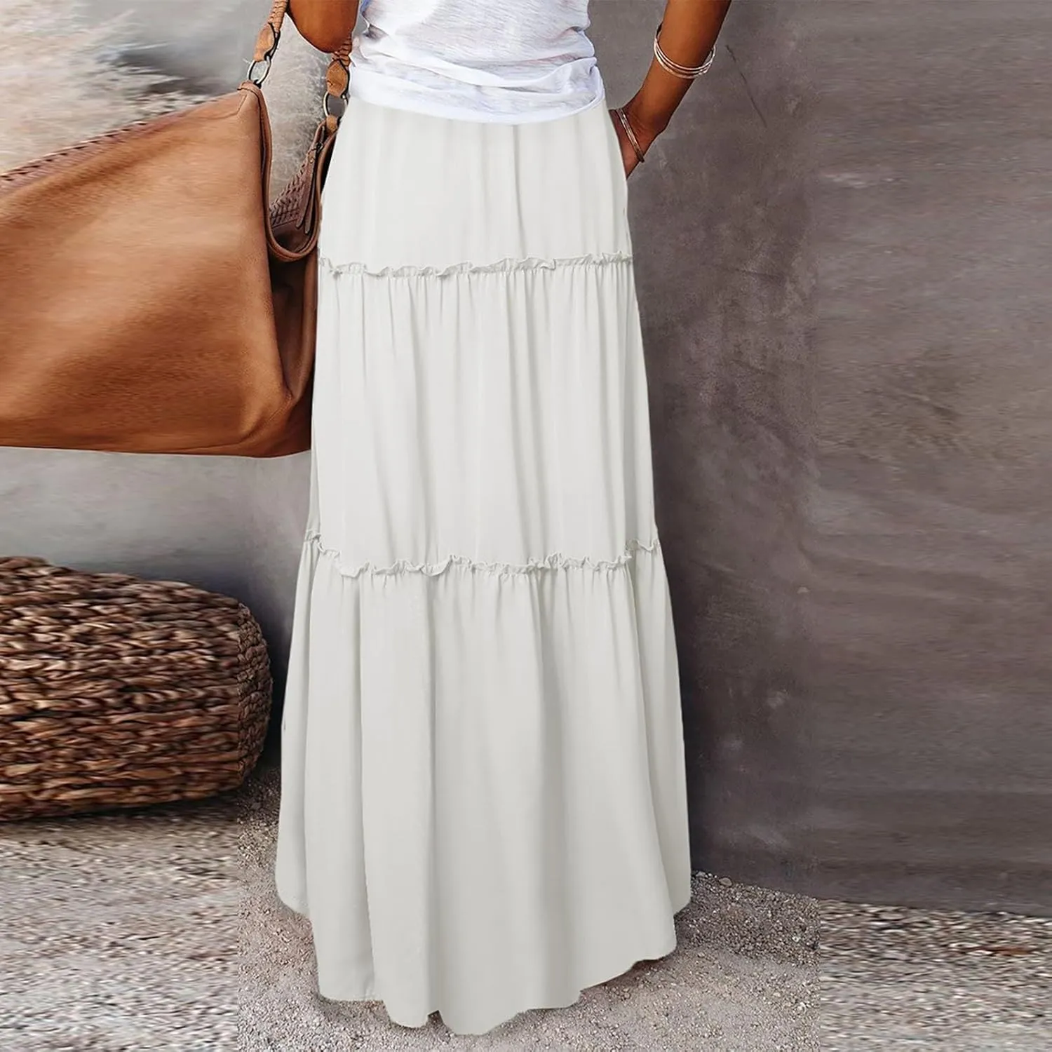 Women's Pleated Skirt Casual Loose Trendy Elastic High Waist Floral Print Boho Sun Beach Long Maxi Skirts, S-2XL