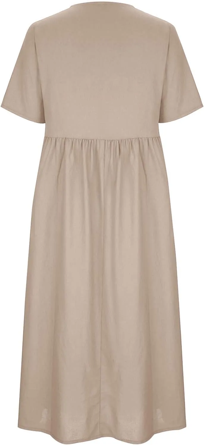 Women's Plus Size Cotton Linen Dress Summer Crewneck Button Up Short Sleeve Midi Dresses Solid Loose Beach Sundress