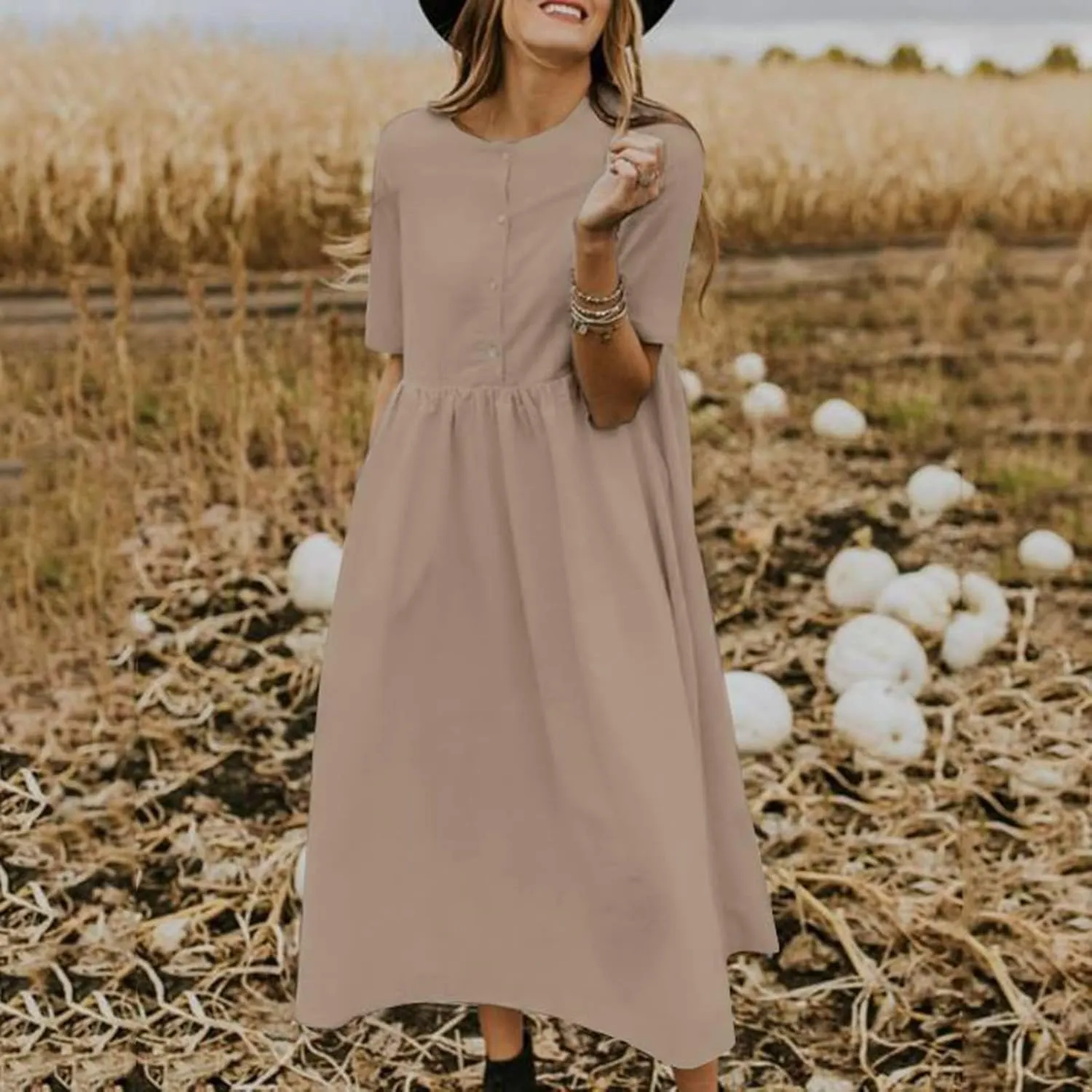 Women's Plus Size Cotton Linen Dress Summer Crewneck Button Up Short Sleeve Midi Dresses Solid Loose Beach Sundress