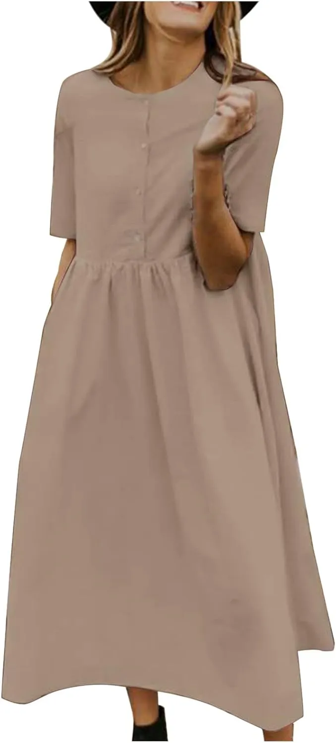 Women's Plus Size Cotton Linen Dress Summer Crewneck Button Up Short Sleeve Midi Dresses Solid Loose Beach Sundress