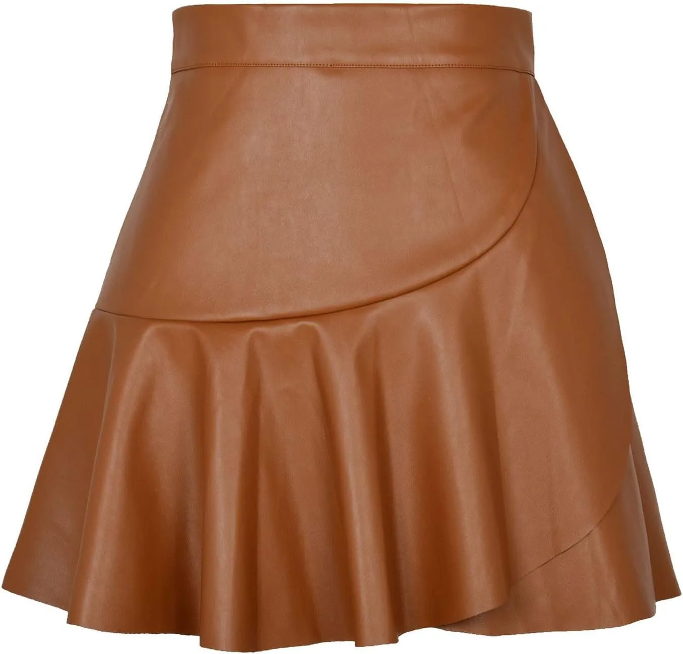 Women's Pu Leather Mini Skirts High Waist Ruffled Casual Flared Skirt Faux Leather Short Skater Skirts
