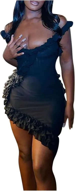 Women's Sexy Club Dress Halter Deep V-Neck Sleeveless Ruffle Trim Stretch Bodycon Dress Irregular Hem Mini Dresses